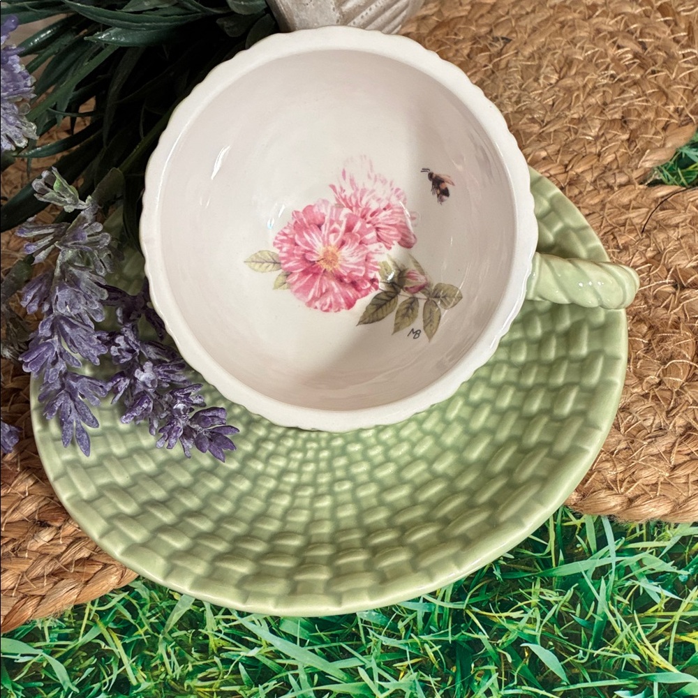 Hallmark Green and Pink Floral Teacup and Saucer Set